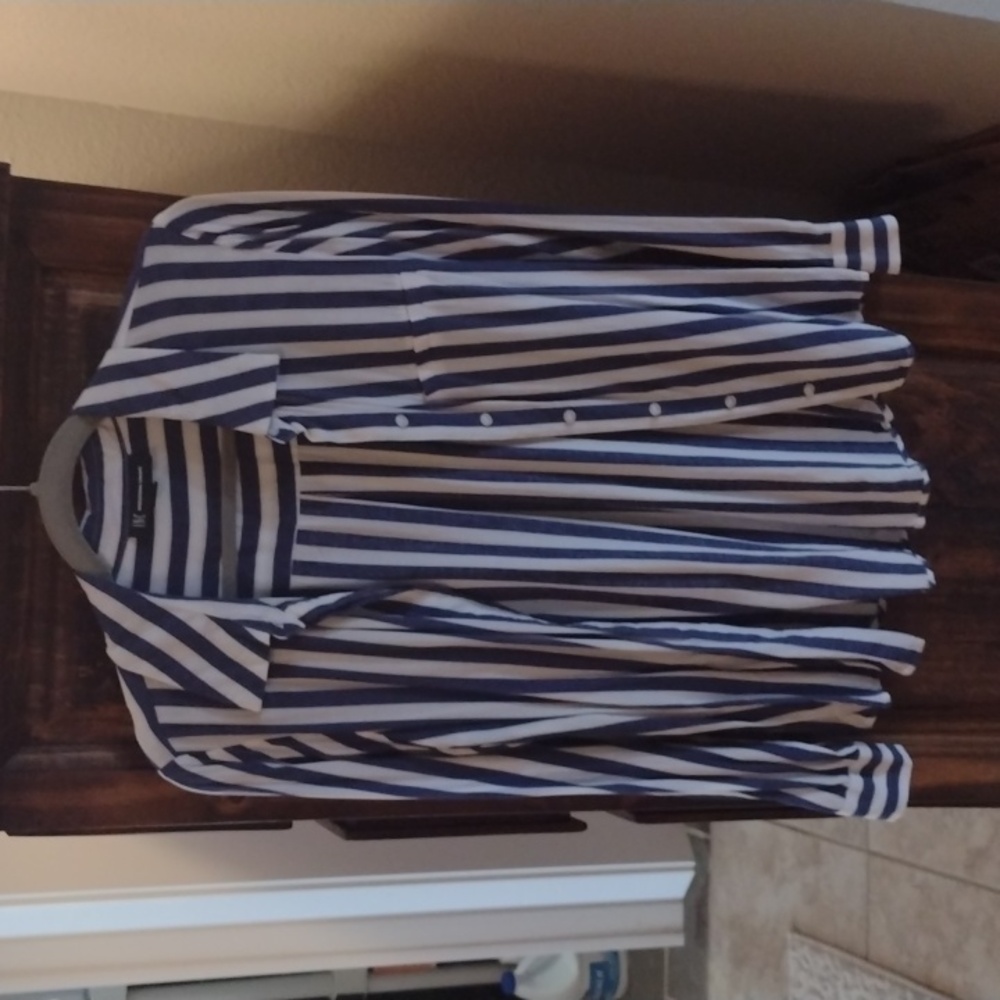 INC Navy and White Striped Dress Shirt Women's M Button Down Long Sleeves Collar